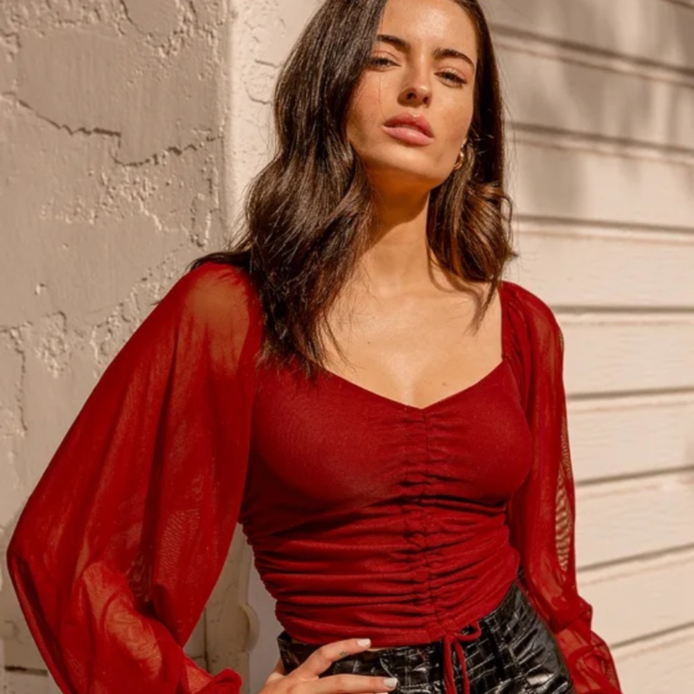 Lulus completely charmed ruched long sleeve crop top in burgundy